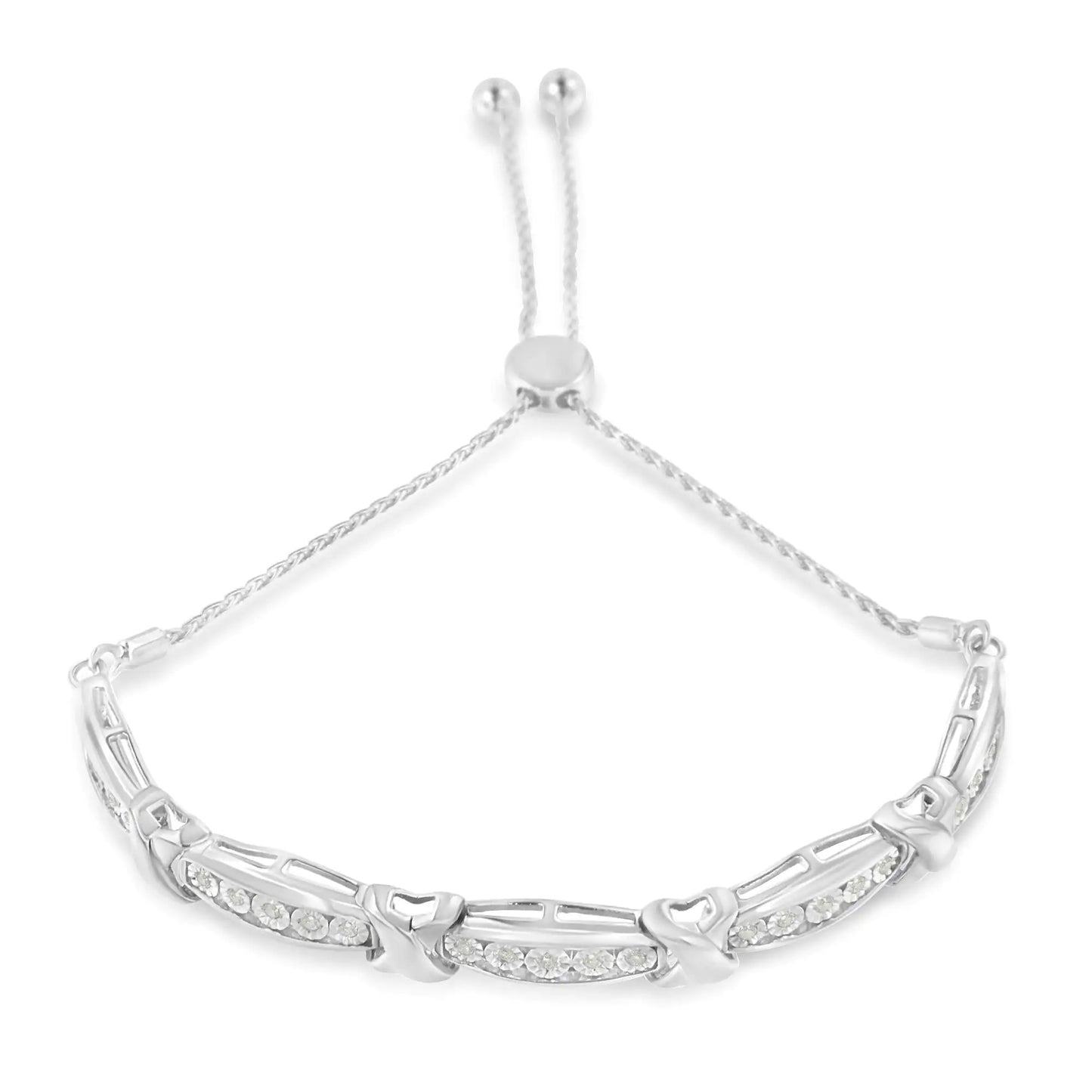 Sterling Silver Round-Cut Diamond X & Tapered Bar Miracle-Set Bolo Bracelet