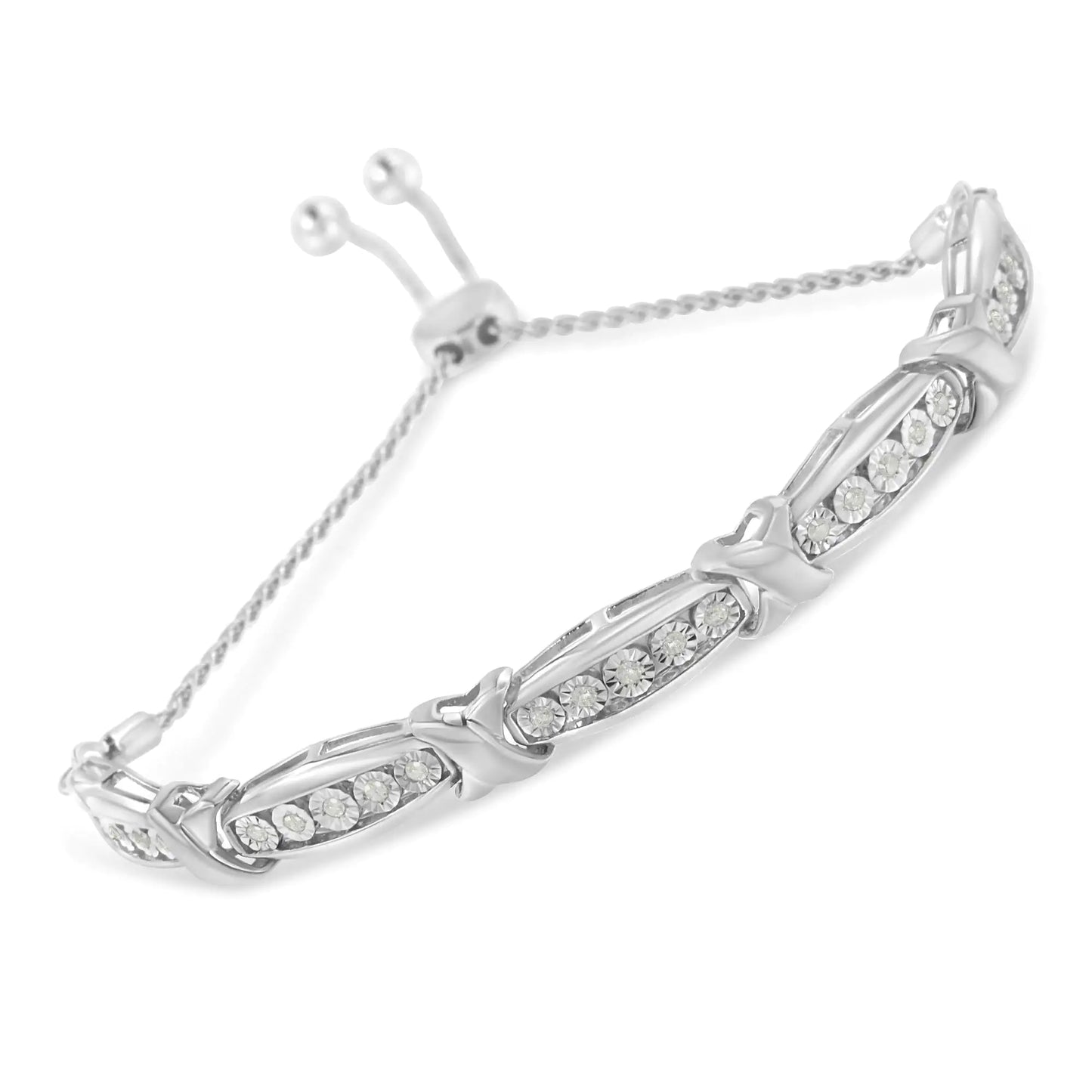 Sterling Silver Round-Cut Diamond X & Tapered Bar Miracle-Set Bolo Bracelet