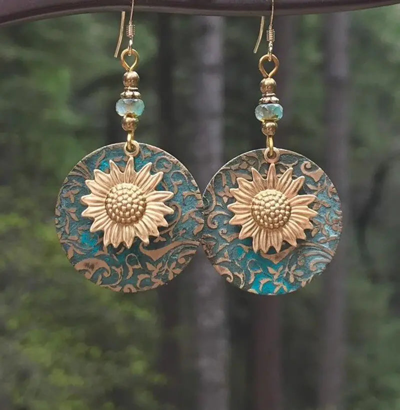Bohemian Sunflower Embossed Dangle Fashion Earrings