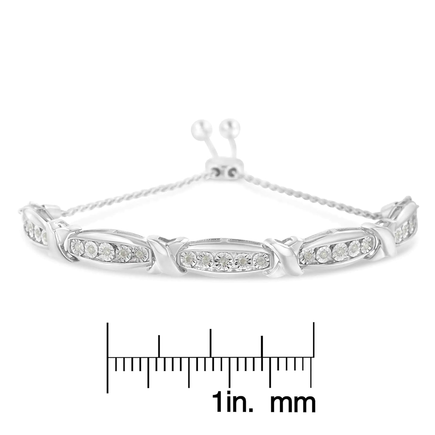 Sterling Silver Round-Cut Diamond X & Tapered Bar Miracle-Set Bolo Bracelet