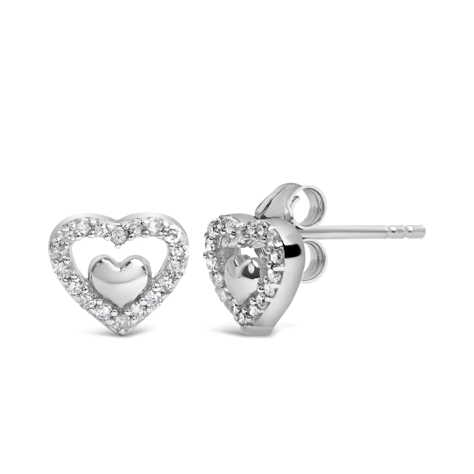 Sterling Silver 1/6 Cttw Diamond Double Heart Stud Earrings