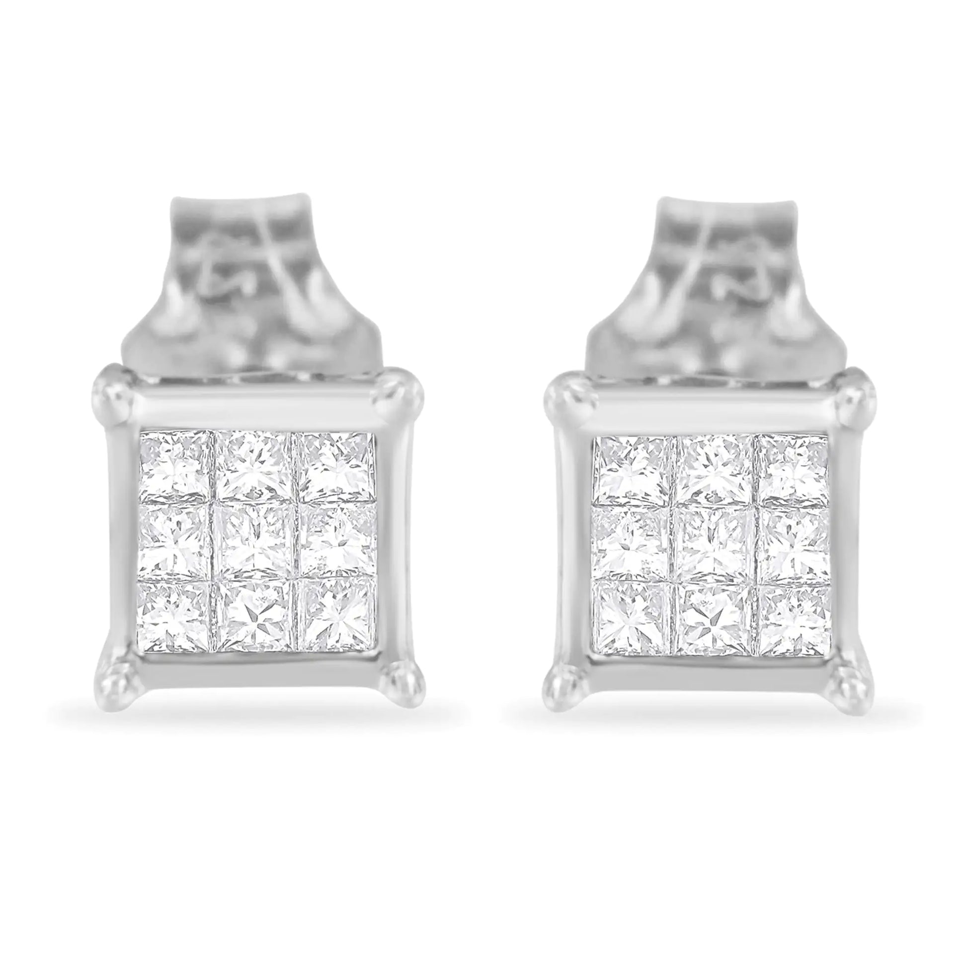 Sterling Silver Princess Cut .3 cttw Diamond Square Stud Earring