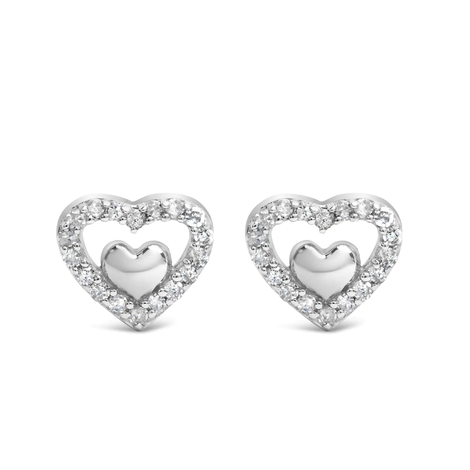 Sterling Silver 1/6 Cttw Diamond Double Heart Stud Earrings