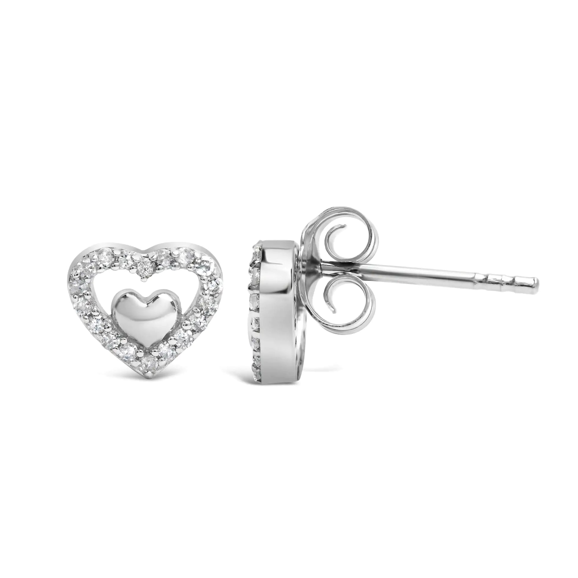 Sterling Silver 1/6 Cttw Diamond Double Heart Stud Earrings