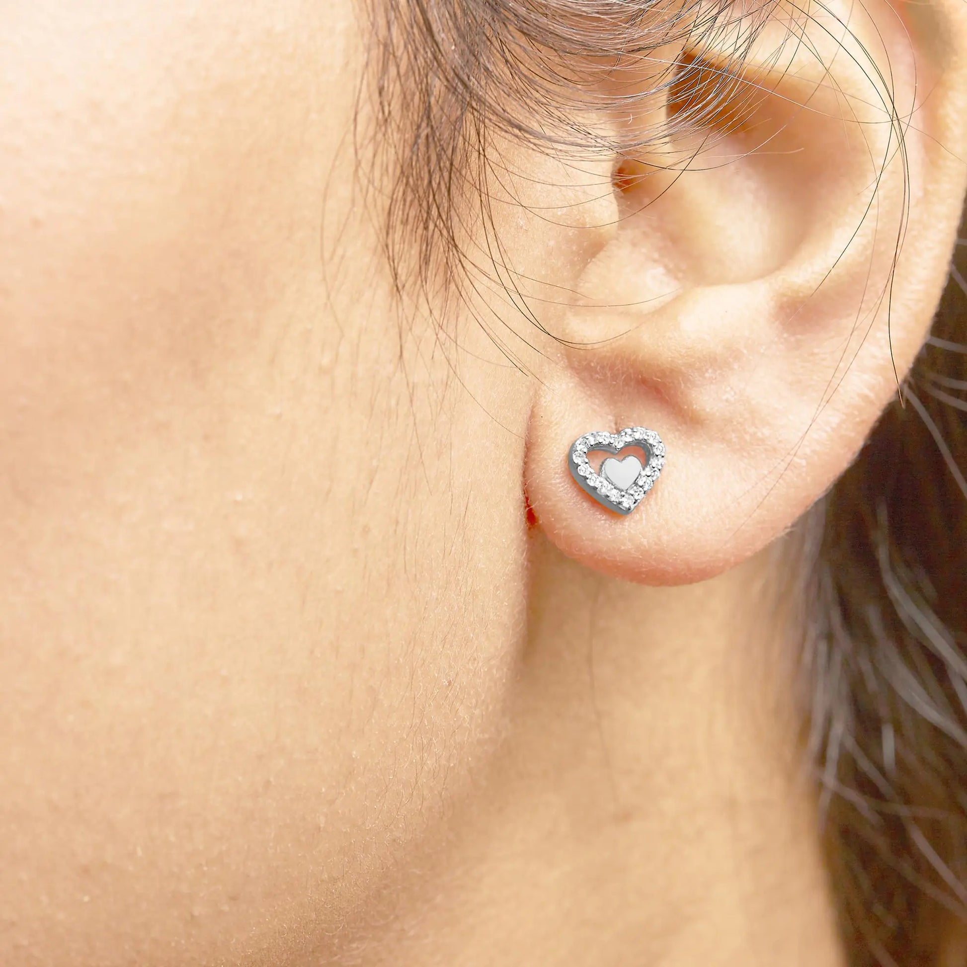 Sterling Silver 1/6 Cttw Diamond Double Heart Stud Earrings