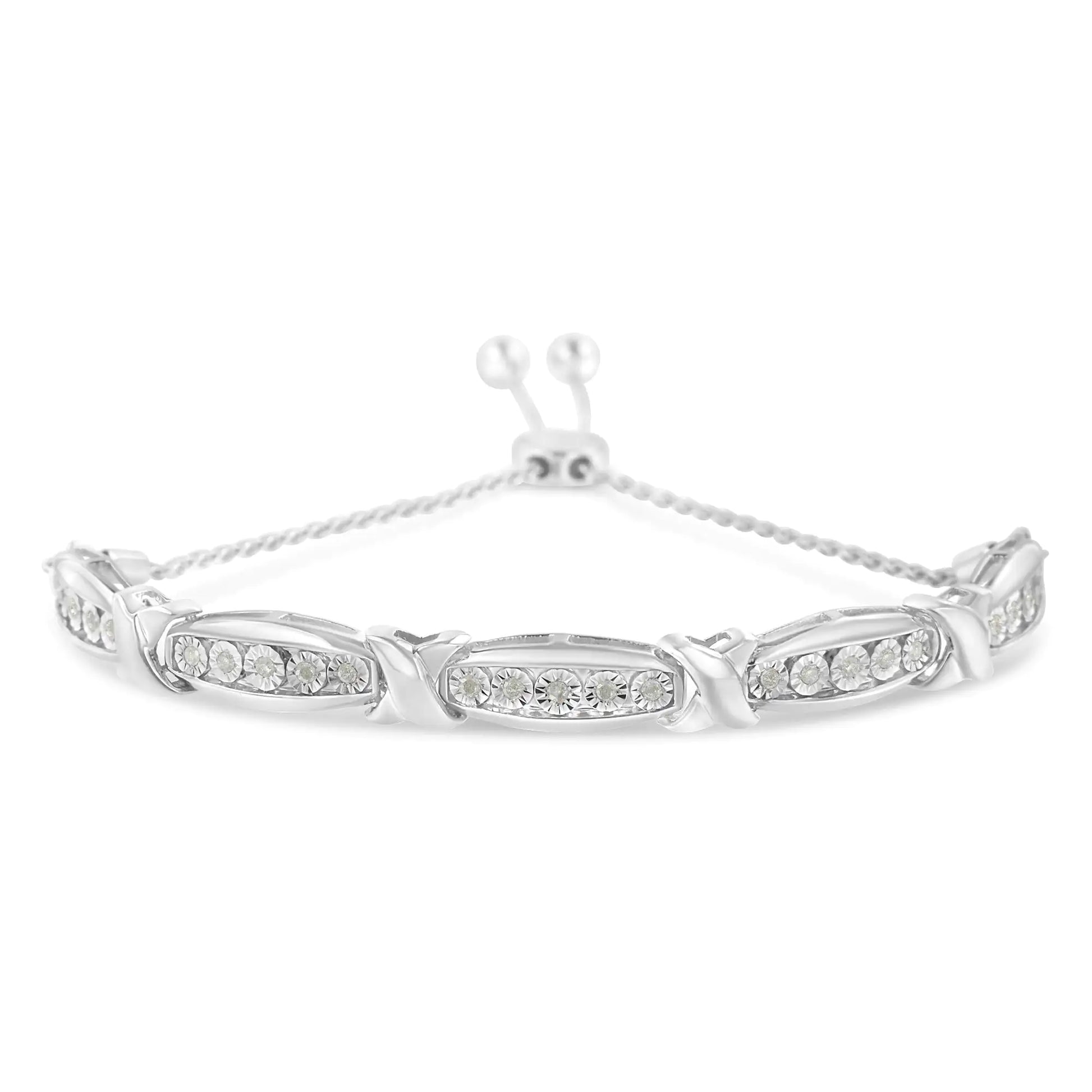 Sterling Silver Round-Cut Diamond X & Tapered Bar Miracle-Set Bolo Bracelet