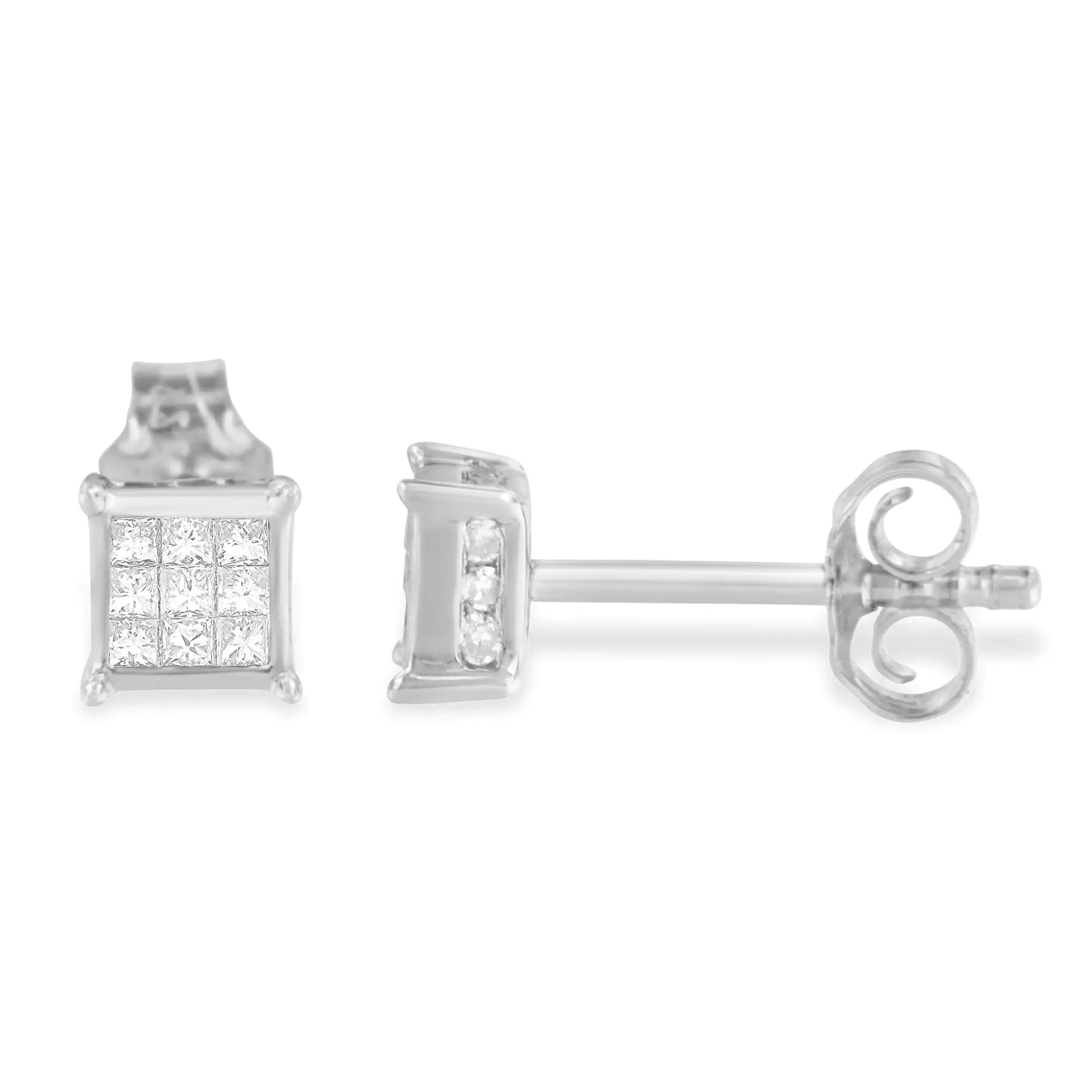 Sterling Silver Princess Cut .3 cttw Diamond Square Stud Earring