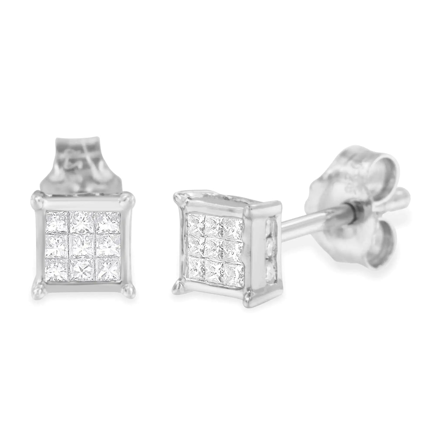 Sterling Silver Princess Cut .3 cttw Diamond Square Stud Earring