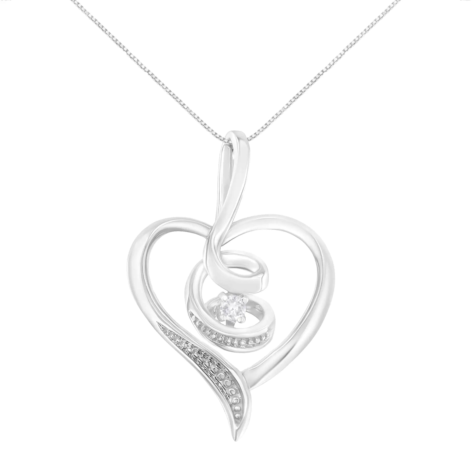 10K White Gold .03 Cttw Diamond Swirl Heart Pendant Necklace